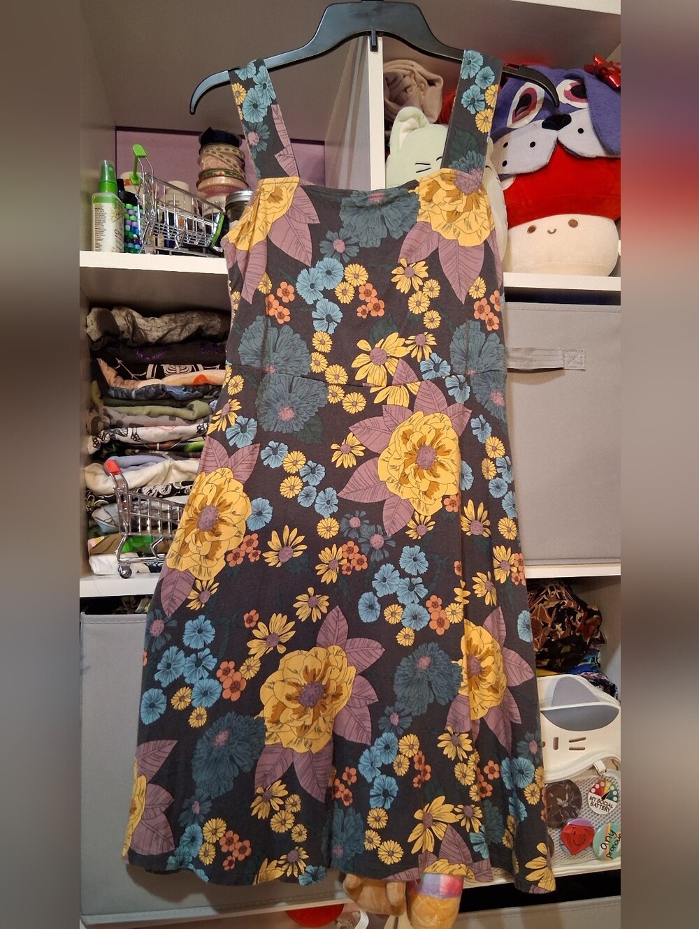 SO Charcoal Floral A-Line Dress with Yellow, Blue & Pink Flowers